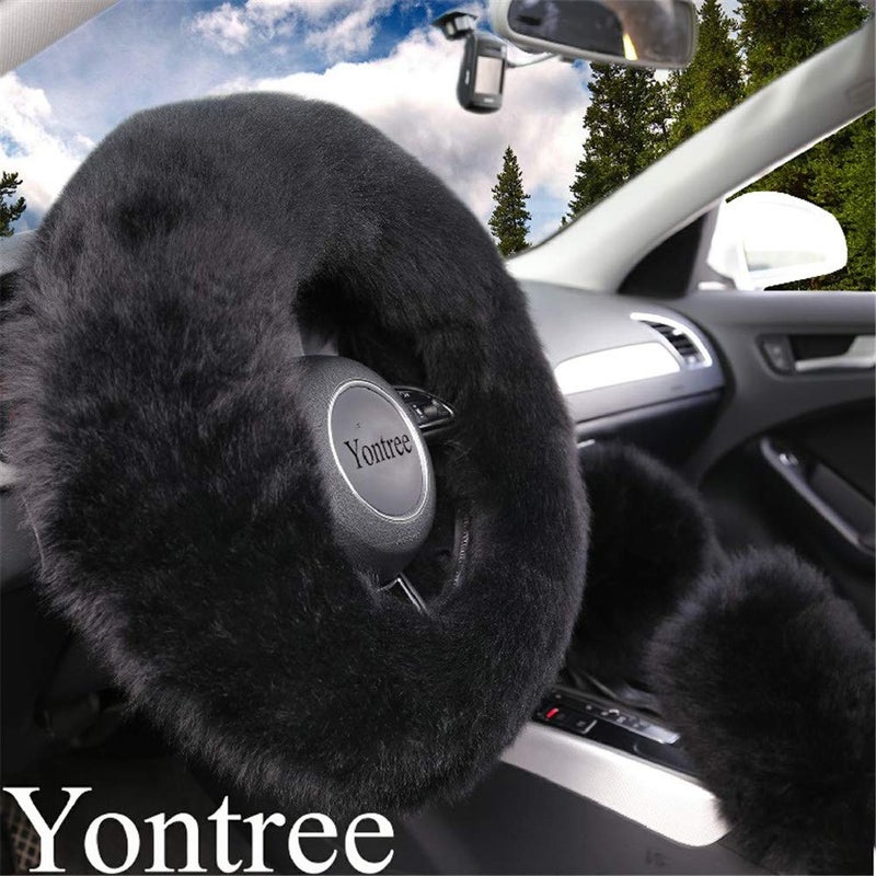 Yontree Fashion Fluffy Steering Wheel Covers for Women/Girls/Ladies/Men Australia Pure Wool Universal 15 Inch 1 Set 3 Pcs (Black) - Image 2